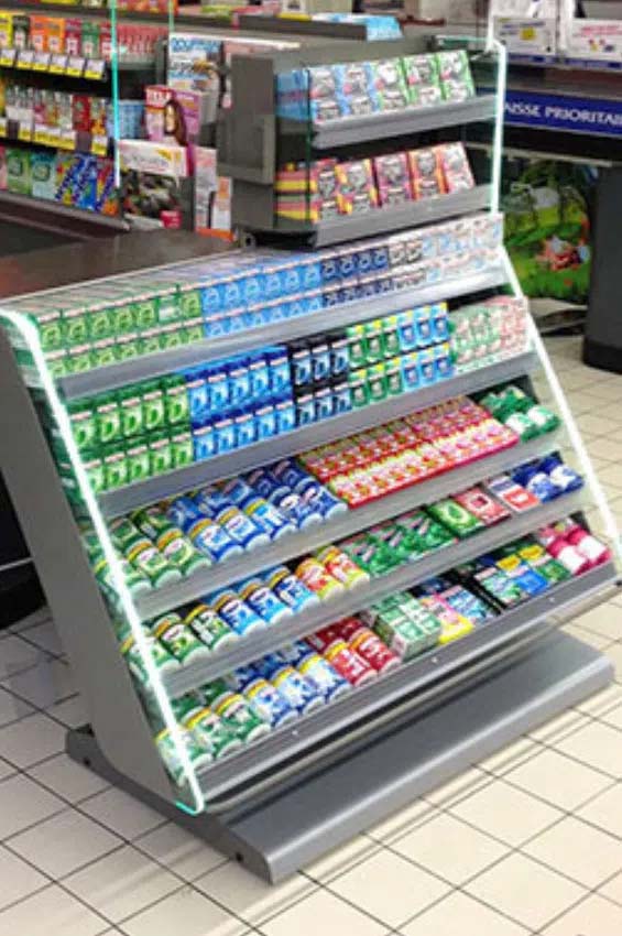 Point-of-purchase display design: Custom checkout retail shelving Cora
