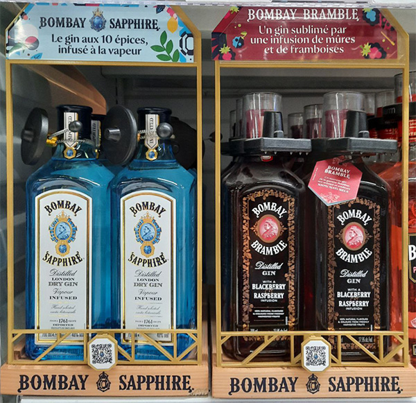 Bombay gin on-shelf display in supermarket