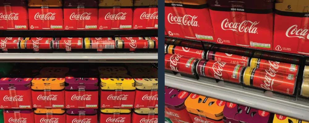 on-shelf display coca cola single cans