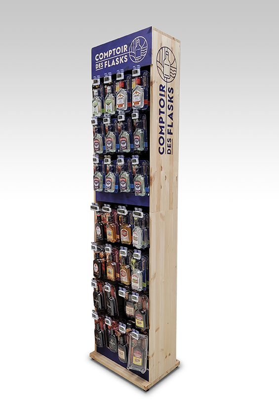 Point-of-purchase display design: Wooden floor-standing unit Comptoir des Flasks