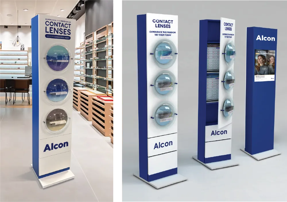 Campagne de découverte en magasin pour les lentilles de contact ALCON : le présentoir de sol