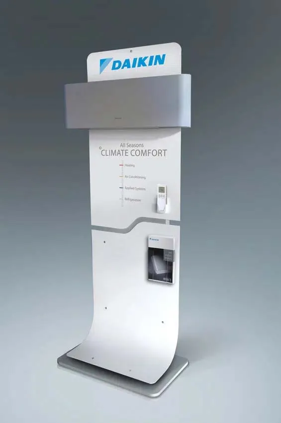 Floor-standing display uni in plastics, metal and wood